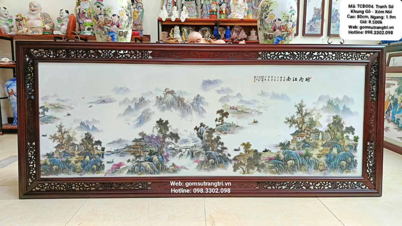 tranh sứ khung gỗ hoạ tiết xóm núi